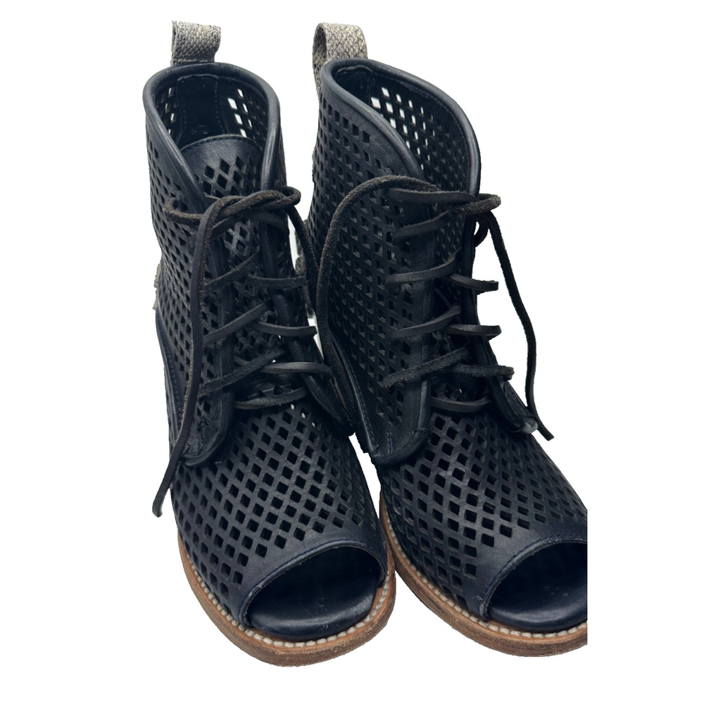 freebird Black Laser-Cut Peep-Toe Lace-Up Heeled Booties